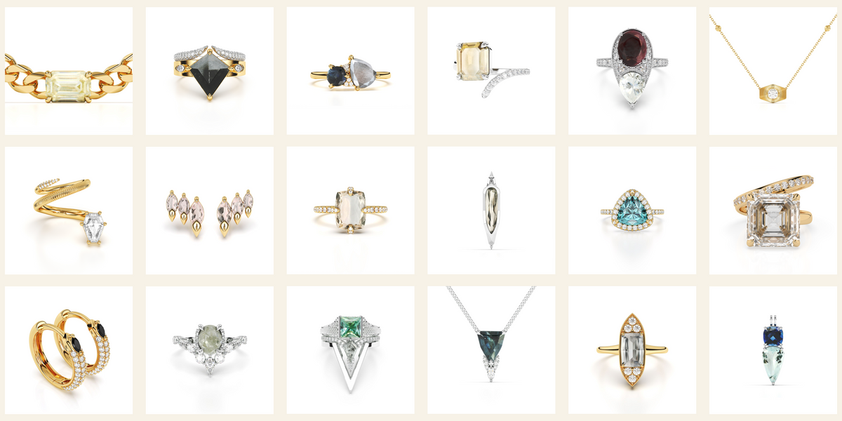 Collage of custom TWOFIFTY BLACKLABEL rings, pendants, and a bracelet in mixed gemstones and metals
