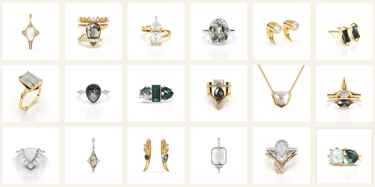 Collage of custom TWOFIFTY BLACKLABEL rings, earrings, and pendants in mixed gemstones and metals