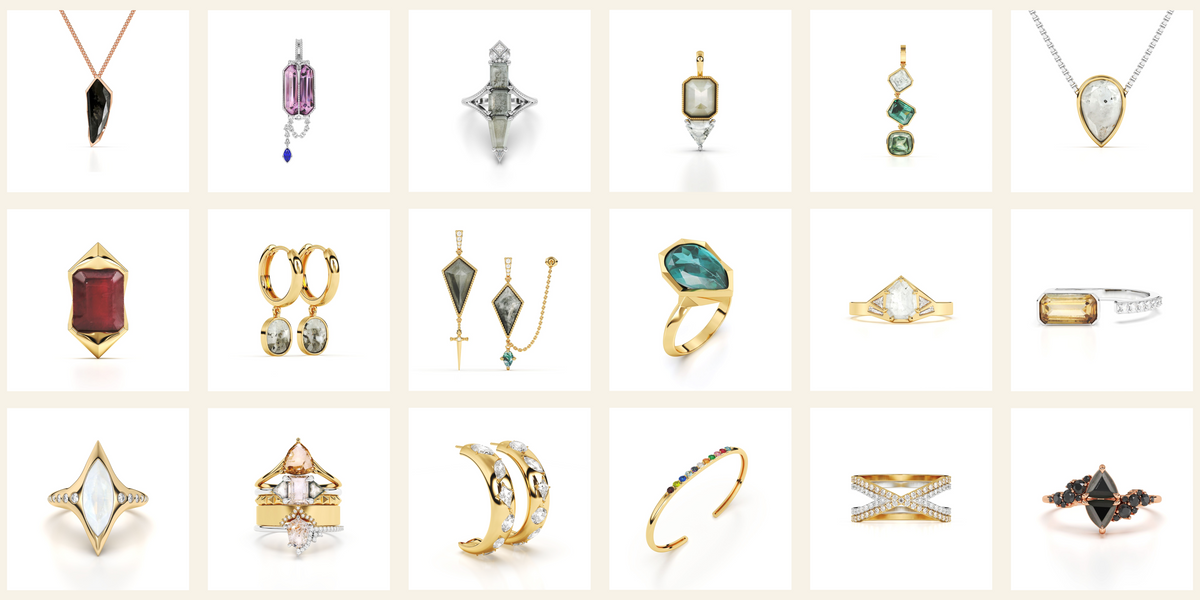 Collage of custom TWOFIFTY BLACKLABEL rings, earrings, pendants, and a cuff bracelet